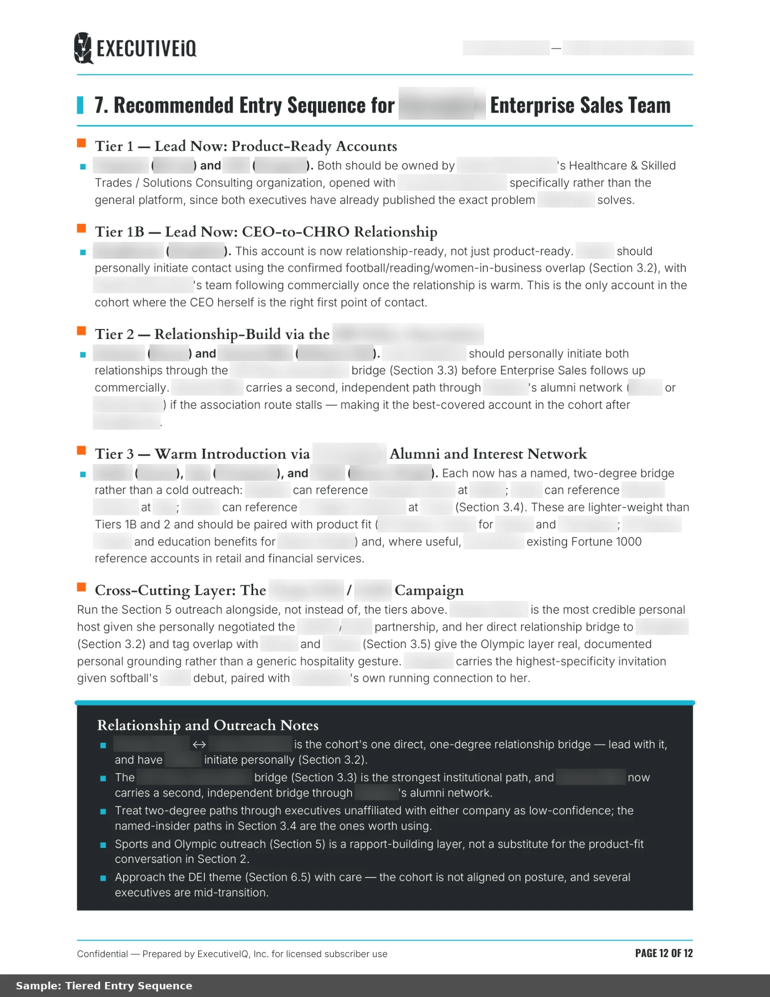 Redacted page from the playbook: Recommended Entry Sequence for the client's enterprise sales team, with tiered accounts, the reasoning for each, and relationship and outreach notes